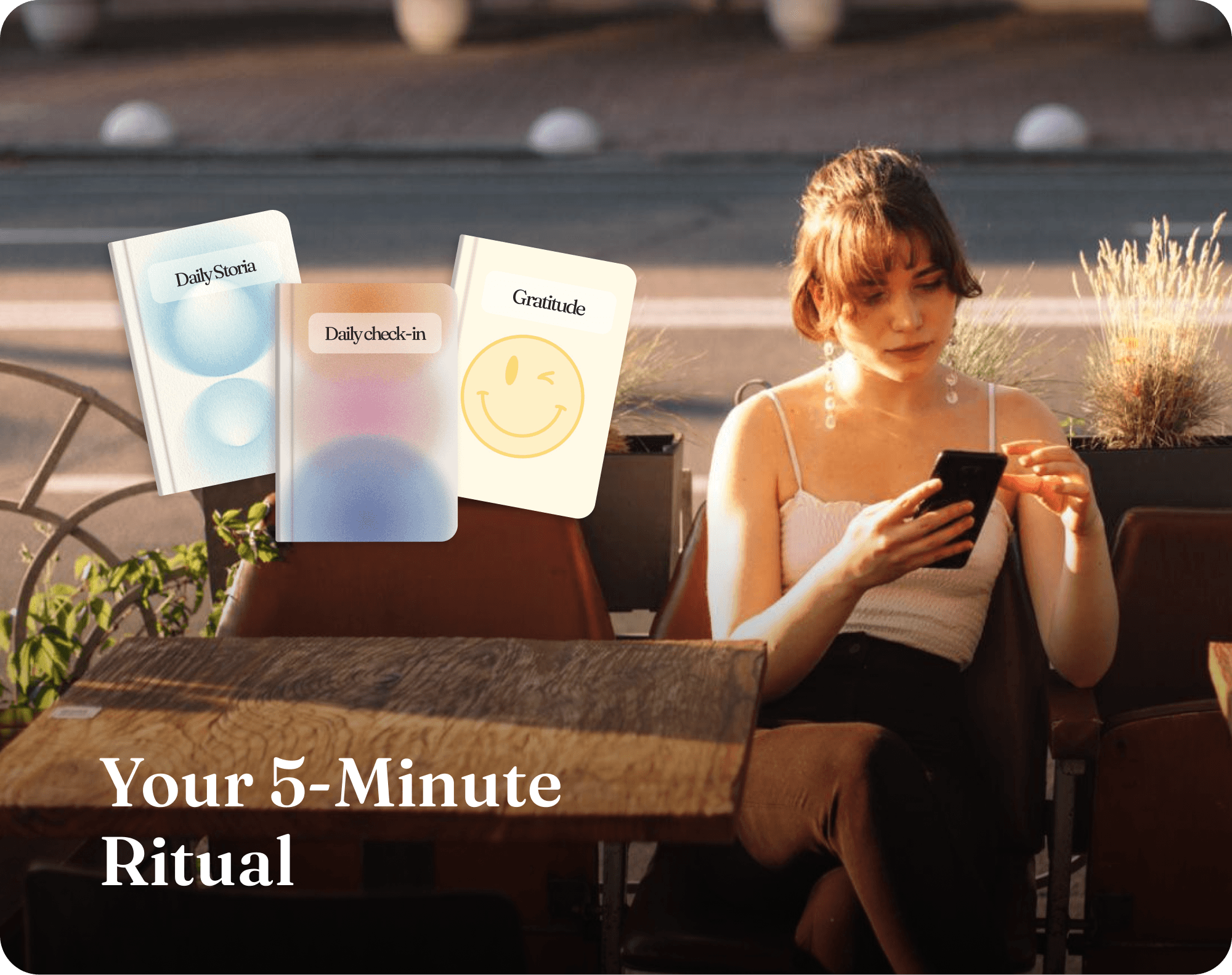 Woman using Storia's guided journal prompts at a cafe