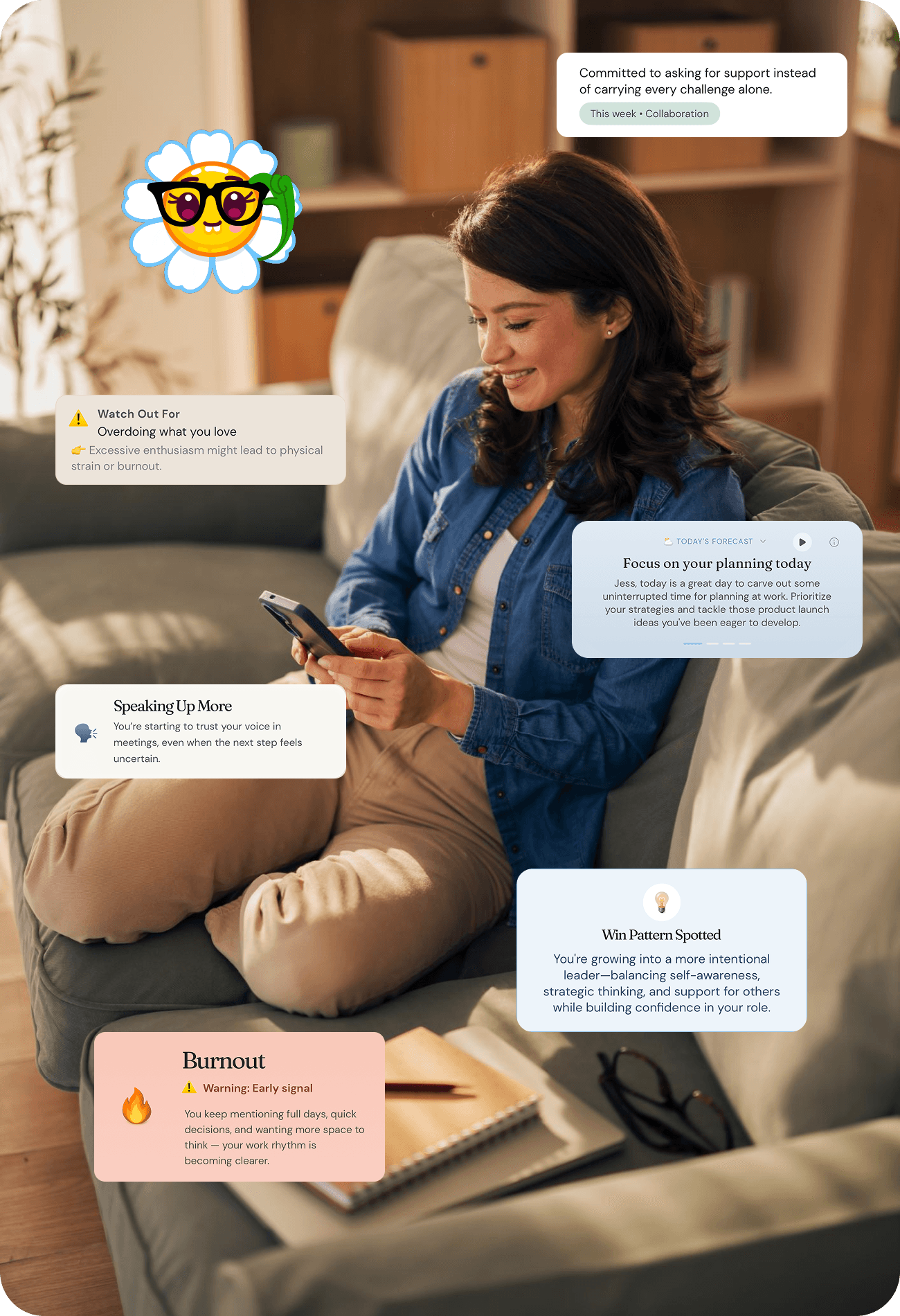 Woman using Storia with personalised insights and coaching cards